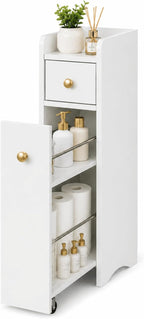 VINGLI Slim Bathroom Storage Cabinet, Narrow Storage Organizer with Slide Out Drawers, Freestanding Toilet Paper Holder, Small Space Skinny Cabinet for Bathroom Kitchen Corner, White