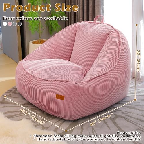 Giant Bean Bag Chair for Adults Teens and Kids, Cozy Fluffy Corduroy Beanbag Chair with Filler Large Floor Lounge Sofa for Living Room, Bedroom(L-Rose)