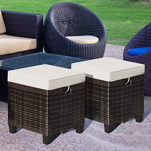 RELAX4LIFE 2-Piece Patio Ottoman Set - Wicker Footstools, All Weather PE Rattan Ottoman with Removable Cushions, Square Footrest Seat, Outdoor Stools for Garden, Porch, Pouf Ottoman (Brown)