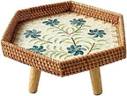 Hand Woven Rattan Serving Tray Table with Wooden Legs, Stylish Low Table for Living Room & Bedroom, Tea Time, 66lbs Capacity, Blue, 34x30cm (13x12in)