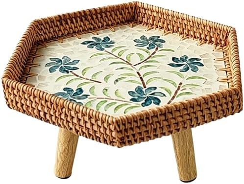 Hand Woven Rattan Serving Tray Table with Wooden Legs, Stylish Low Table for Living Room & Bedroom, Tea Time, 66lbs Capacity, Blue, 34x30cm (13x12in)