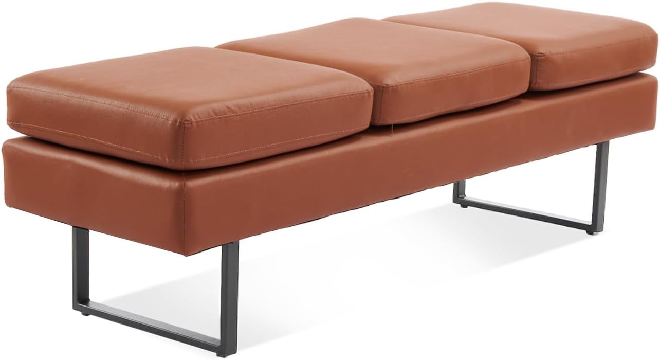Waiting Room Bench Seating, Salon Reception Chairs 3 Seats Upholstered, 59.5''Heavy Duty Guest Lobby Chairs, Faux Leather Settee, Office Beauty Barbershop Furniture, Cognac