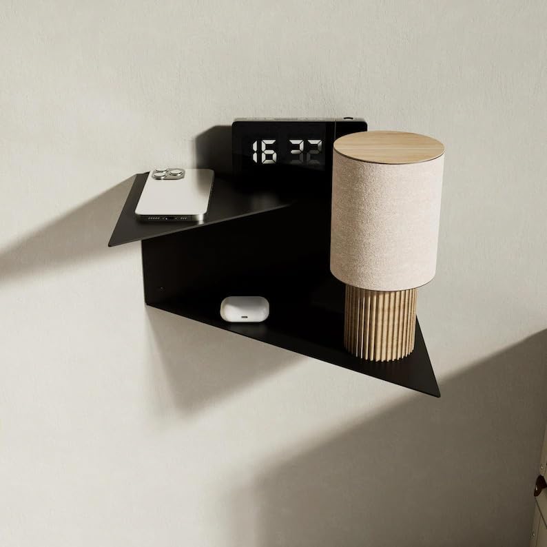 Modern Geometric Triangle Floating Shelf, Wall Mounted Sage Green Metal & Wood Storage Shelf for Bedroom Living Room, Small Items, Phone, Clock, Speaker