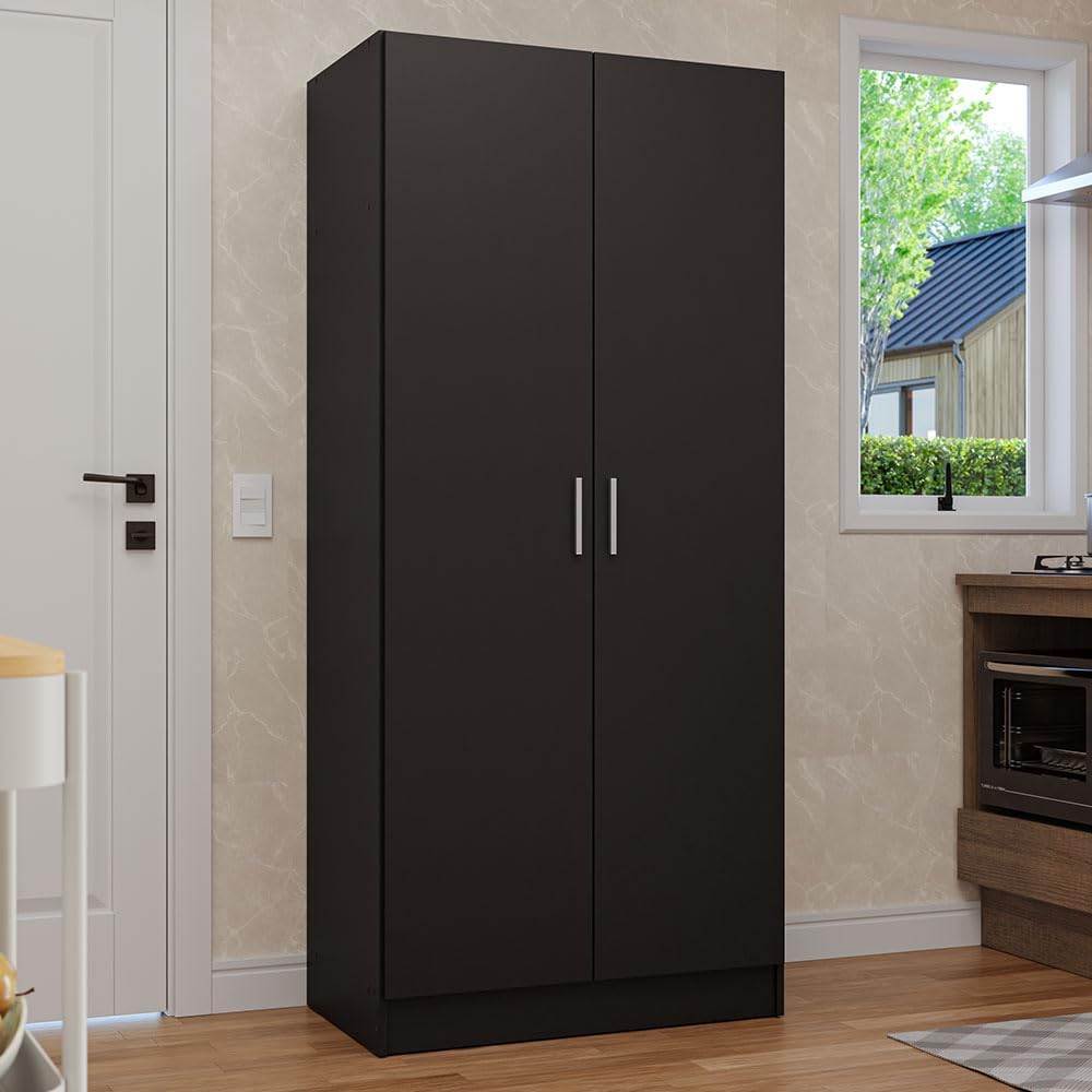 Madesa Kitchen Pantry Storage Cabinet with 2 Doors, Ample Shelf and Hanging Space 31 Inch Utility Armoire Organization Unit - Black