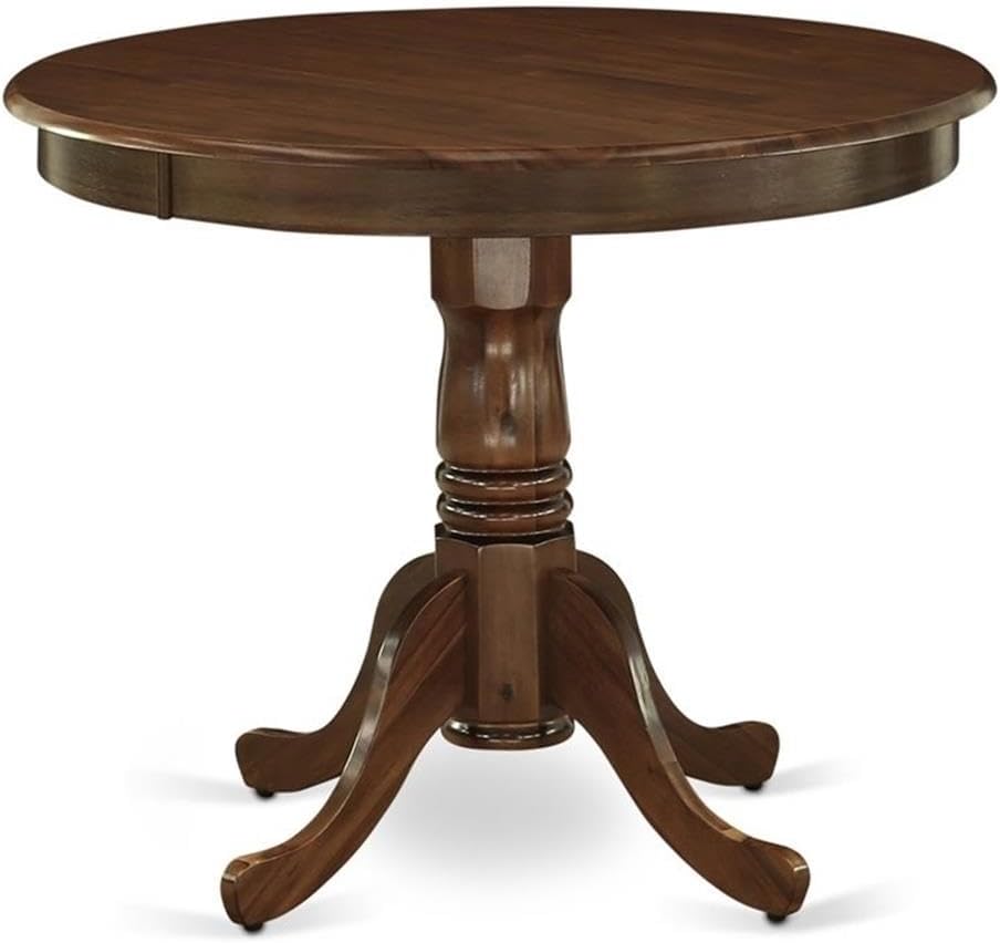 BOWERY HILL Traditional Round Rubberwood Dining Table, 36" W x 36" D x 30" H, Walnut Finish, Pedestal Base, Durable Small Kitchen or Dining Room Table, Space-Saving Antique Design