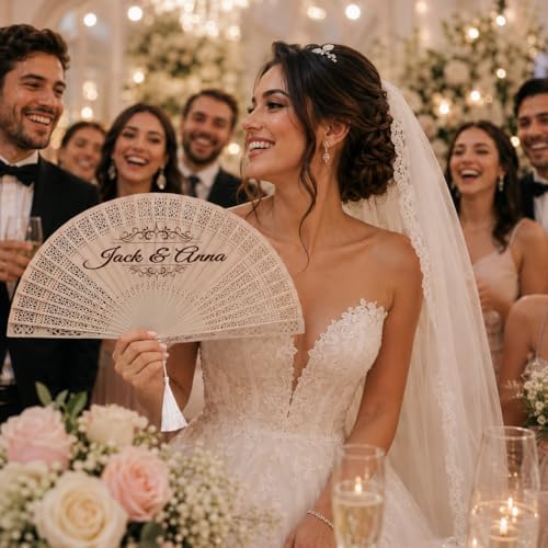 Personalized Wedding Fans for Wedding Guests Bulk, Custom Wooden Folding Handheld Fans with Tassels & Organza Bags, Wedding Favors, Party Gifts, Folding Fans, Gift for Guests (30PCS)