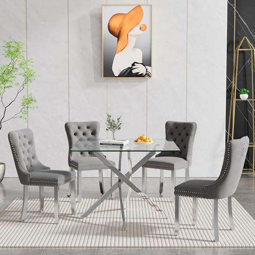 5 Piece Glass Dining Table Set Modern Small Glass Dining Table Set for 4, 35.43" Square Kitchen Table and 4 Velvet Upholstered Chairs for Kitchen Dining Room, Silver & Grey