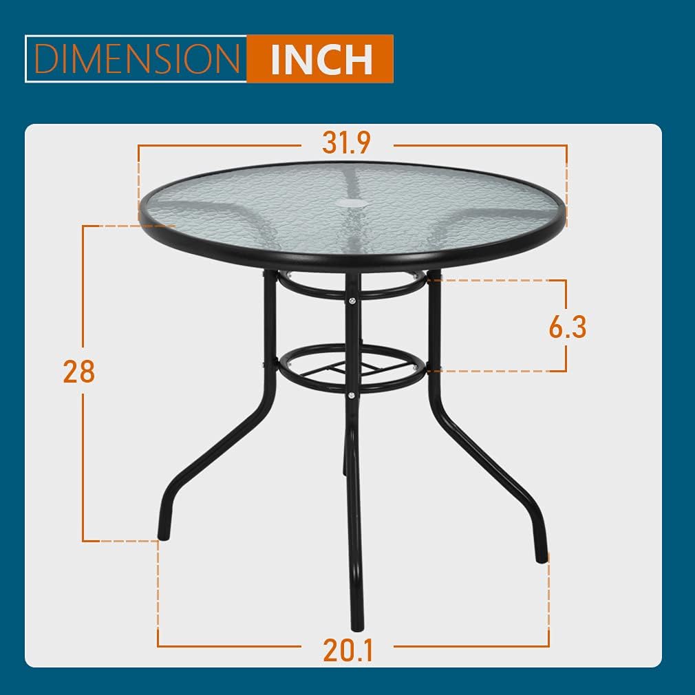 32in Outdoor Table Patio Dining Table Outdoor Dining Table with Umbrella Hole Round Tempered Glass for Yard Bistro Lawn Balcony