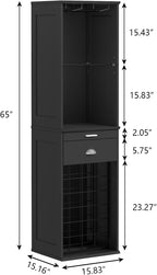 Loomie Wine Bar Cabinet with LED Lights, 65'' Tall Coffee Bar with 24 Wine Rack & Glass Holder, Freestanding Liquor Cabinet with Tray & Drawer & Adjustable Shelf (Black)