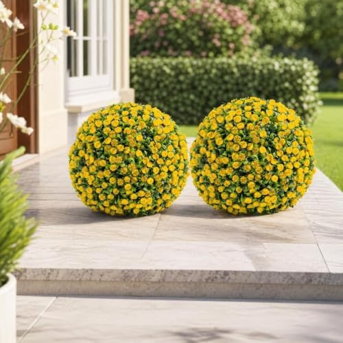 22 Inch Yellow Faux Rose Flower Spheres, 2 Pack Artificial Rose Topiary Balls with Hanging Chains and Zip Ties, Weatherproof Fake Floral Ornaments for Porch Patio Garden Indoor Wedding Decoration