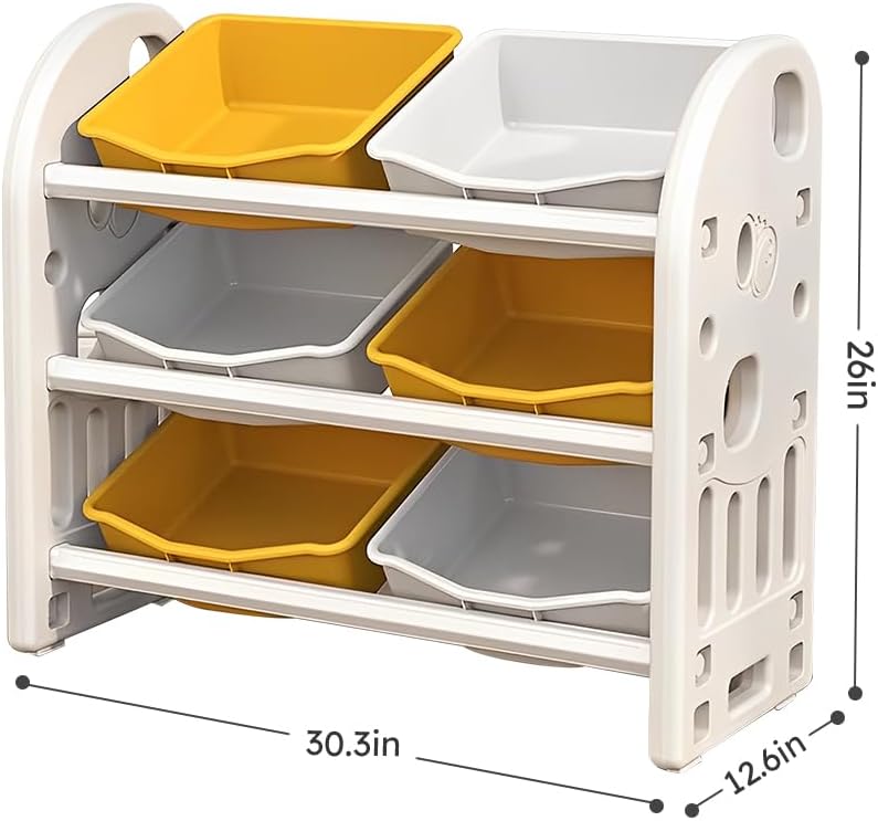 Toy Storage Organizer with 6 Bins, Multi Functional Nursery Organizer Furniture Set Toy Storage Cabinet Unit with HDPE Shelf and Bins for Playroom, Bedroom, Living Room (Yellow White Color)