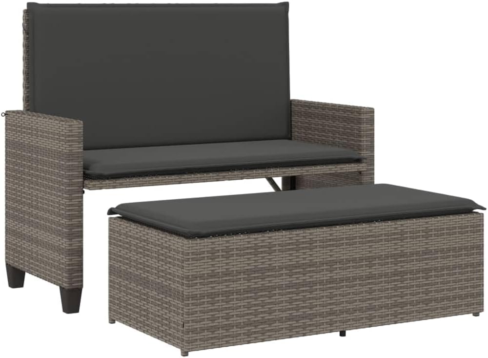 2-Seater Garden Bench, Convertible Sofa Bed with Cushions, Grey PE Rattan Outdoor Seating for Patio, Balcony and Terrace