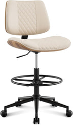 Drafting Chair with Adjustable Footrest, Armless Modern Tall Office Chair for Standing Desk, PU Leather Swivel Stool in Curved Bentwood Style, Ergonomic Rolling Walnut Chair for Office(Beige)