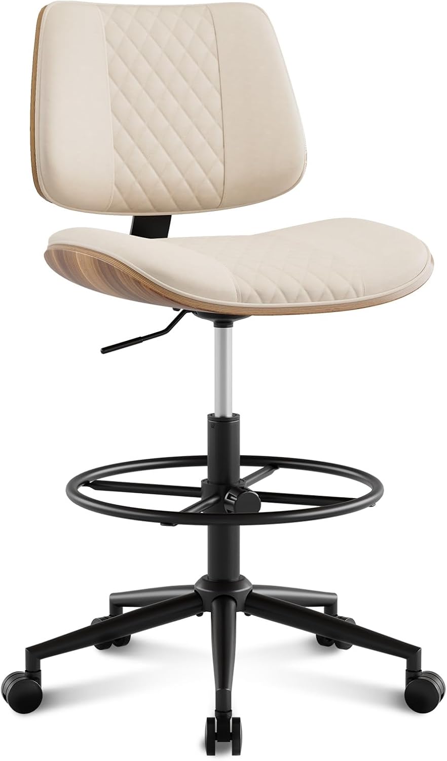 Drafting Chair with Adjustable Footrest, Armless Modern Tall Office Chair for Standing Desk, PU Leather Swivel Stool in Curved Bentwood Style, Ergonomic Rolling Walnut Chair for Office(Beige)