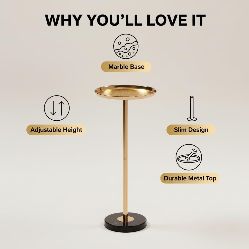 Martini Table Adjustable Drink Table, Small Round Side Table with Natural Marble Pedestal Base, Gold Accent Table for Living Room Sofa Couch, Art Deco End Table for Small Spaces