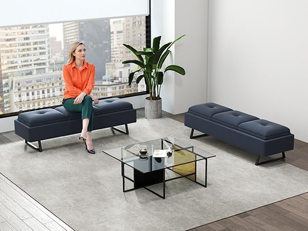 AIIT 3-Seat Waiting Room Bench - Reception Chairs with Thickened Seat & Storage Space, Waiting Room Bench Lobby Chairs for Office Entryway Living Room, Navy Blue