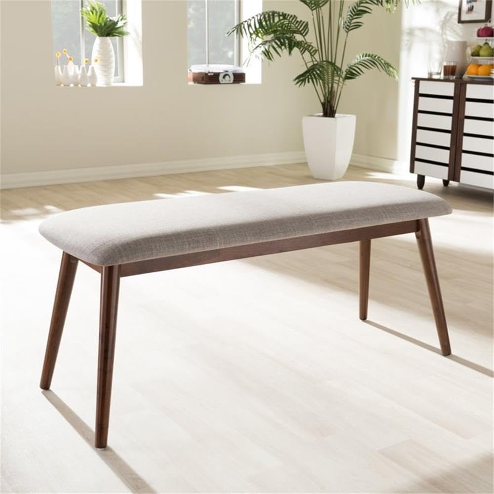 Baxton Studio Flora Mid-Century Modern Light Grey Fabric and Oak Medium Brown Finishing Wood Dining Bench