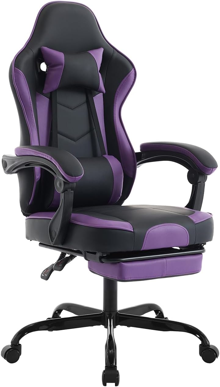 Gaming Desk Chair for Adults, Ergonomic Gaming Chair with Footrest & Headrest and Lumbar Support, Leather Material Height Adjustable Computer Video Game Chairs (Purple+Black)