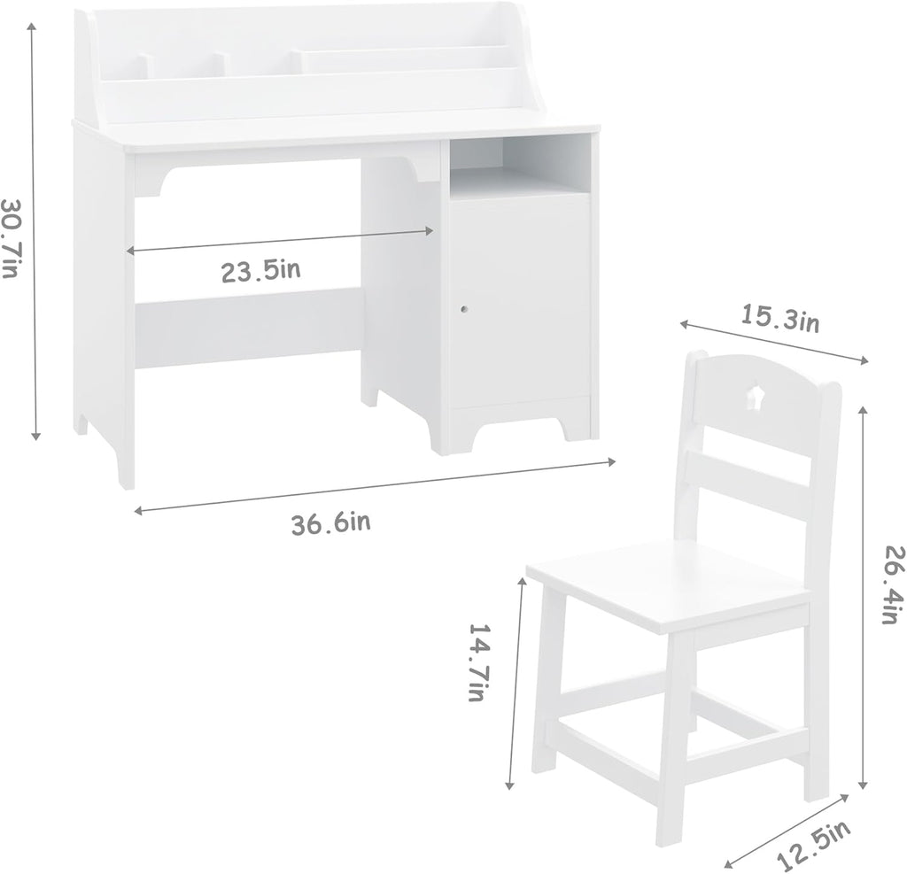 Kids Desk and Chair Set,Study Desk for Kids with Hutch, Storage Cabinet, Wooden Children Study Table, Student Writing Desk Computer Workstation for Kids Bedroom & Study Room,White