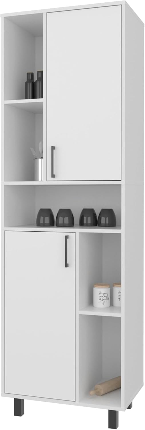 23.6" D*16.2" W*74.8" H Freestanding Kitchen Pantry with 4 Shelves, 2 Single Doors, Rectangular Wood Storage Cabinet, Modern Minimalist, for Living Room, Dining Room, White