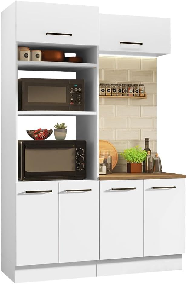 Madesa Hazel 3-Piece Kitchen Storage Set with 3 Doors 3 Open Shelves Pantry Cabinet 2 Doors Base Cabinet and Horizontal Door Wall Cupboard 59 Inch Wooden Organization Units for Pantry - White