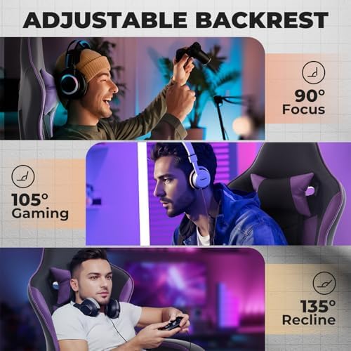 Gaming Desk Chair for Adults, Ergonomic Gaming Chair with Footrest & Headrest and Lumbar Support, Leather Material Height Adjustable Computer Video Game Chairs (Purple+Black)