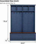 Farmhouse 4-in-1 Hall Tree with Storage Bench, Mudroom Coat Rack with 2 Drawers, Entryway Organizer with Hooks and Shelves, Blue, 55.9 Inch Wide