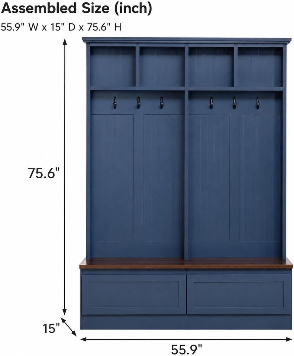 Farmhouse 4-in-1 Hall Tree with Storage Bench, Mudroom Coat Rack with 2 Drawers, Entryway Organizer with Hooks and Shelves, Blue, 55.9 Inch Wide