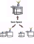 Modern Nesting Coffee Table Set of 2 for Living Room, Office, Balcony, Mid Century Round Wood Accent Coffee MDF Faux Marble Tabletop w/Black Color Frame, Gift for Thanksgiving Christmas -White