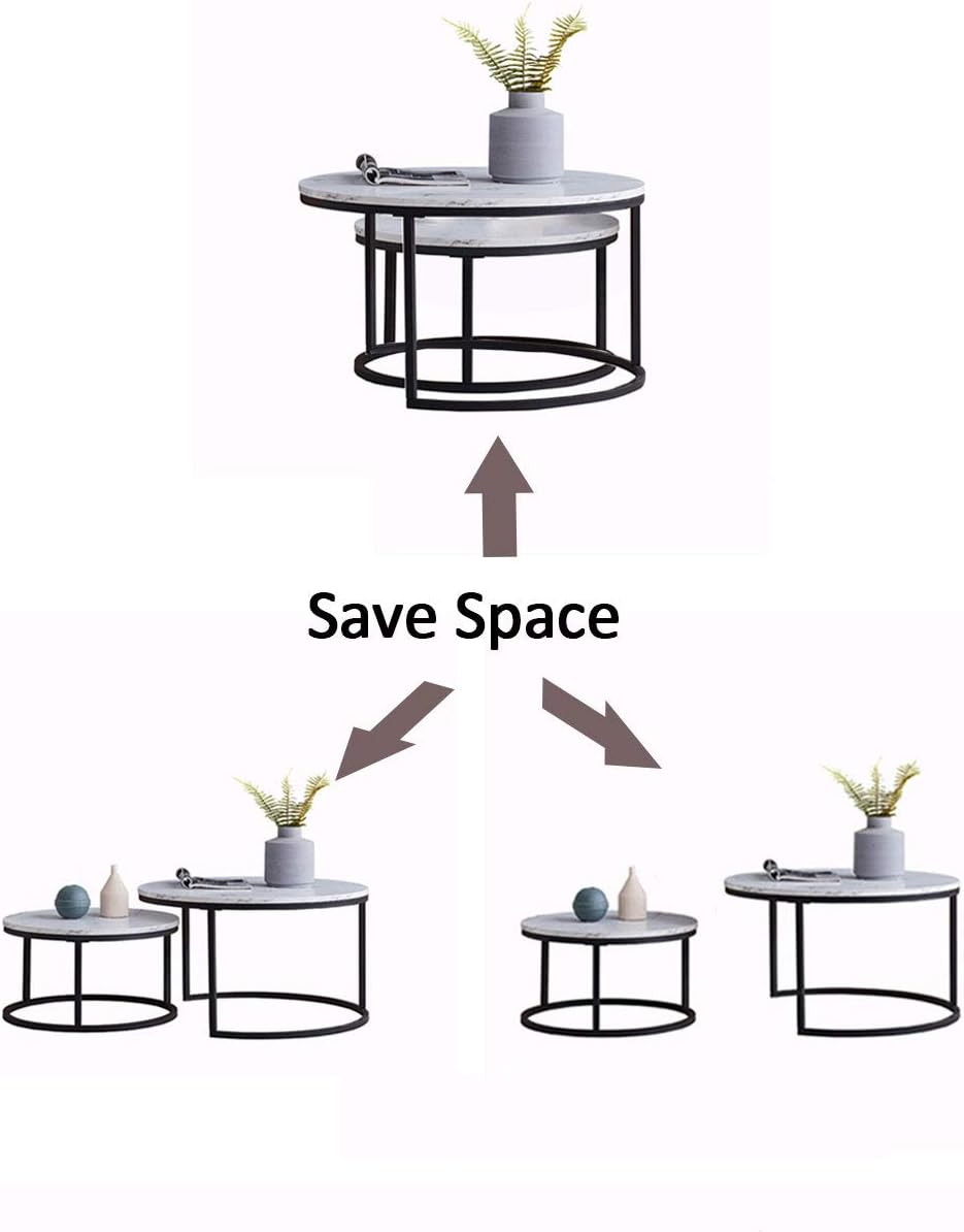 Modern Nesting Coffee Table Set of 2 for Living Room, Office, Balcony, Mid Century Round Wood Accent Coffee MDF Faux Marble Tabletop w/Black Color Frame, Gift for Thanksgiving Christmas -White