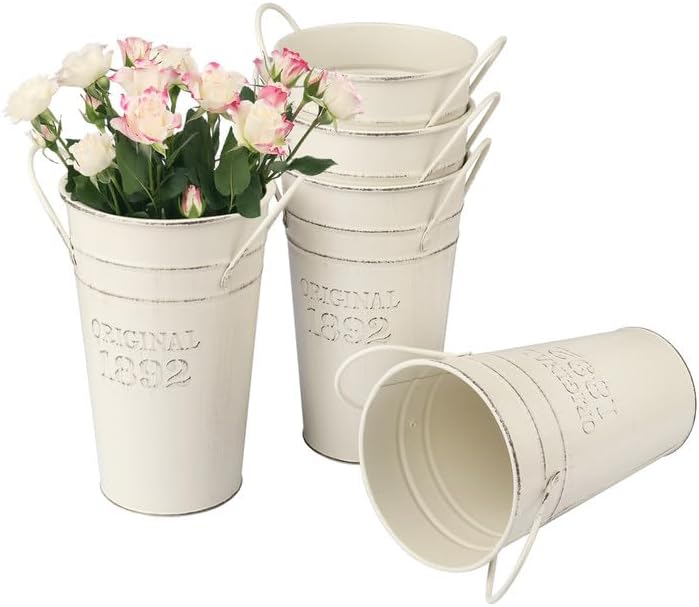 5 PCS 8 Inch Tall Rustic Galvanized Flower Vases, Farmhouse French Buckets for Beautiful Floral Arrangements, Home Decor or Weddings and Events