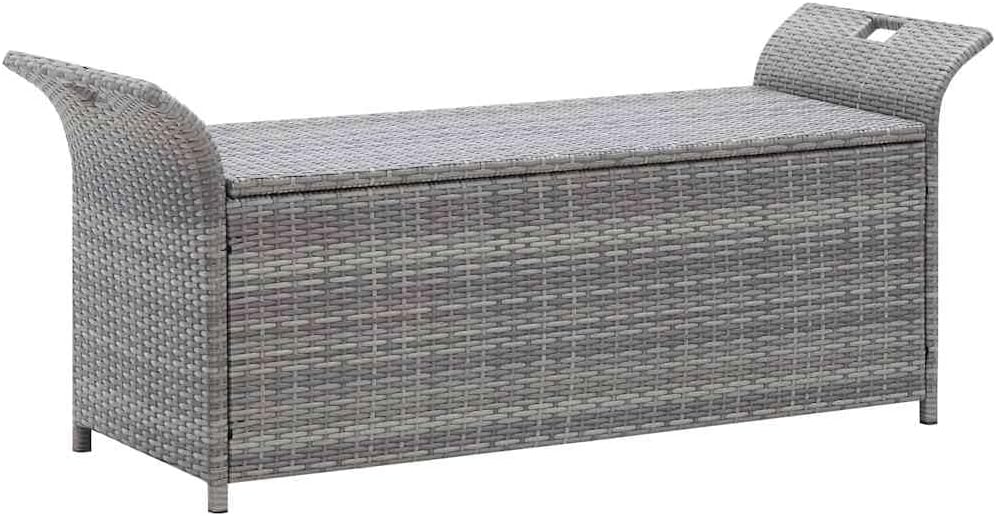 Poly Rattan Patio Storage Bench with Cushion Gray, 54.3 Inch Waterproof PE Storage Bench for Outdoor Use, Large Space with Removable Polyester Cover