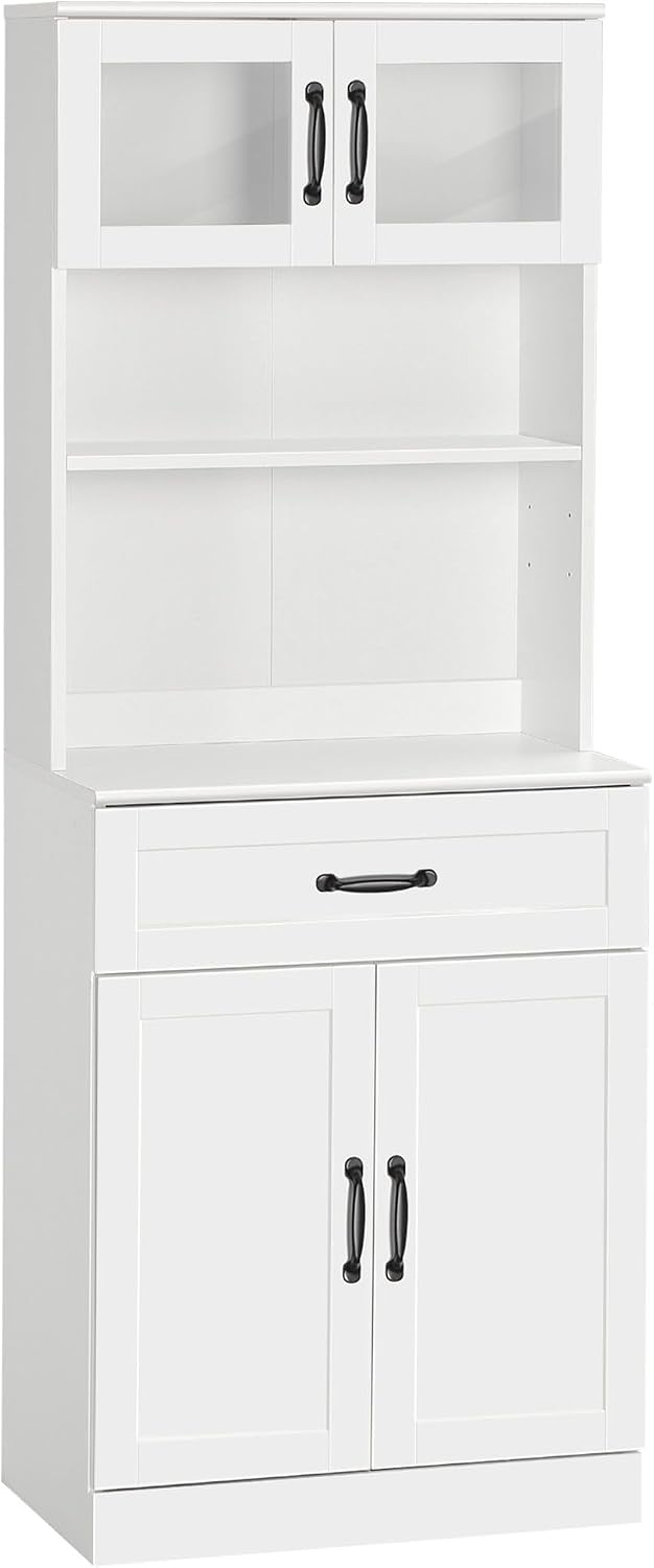 63.5in Premium Deluxe 4-Door White Freestanding Kitchen Buffet Cabinet with Hutch Adjustable Shelves Coffee Bar Modern Design