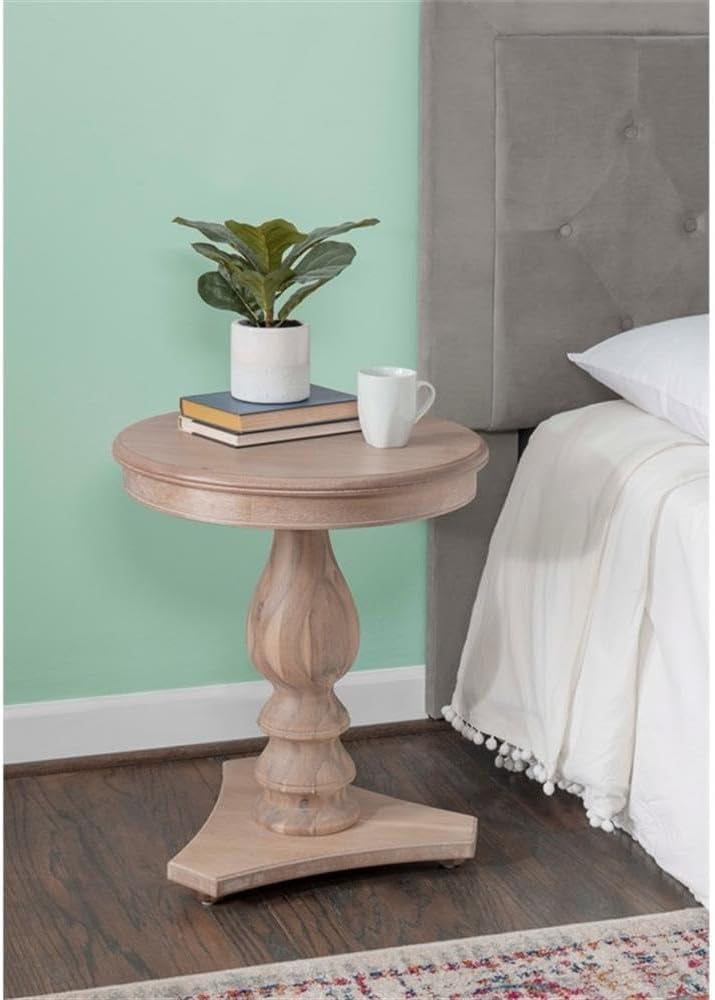 MAKLAINE Round Wood Side Table, 20" D x 24.5" H, Acacia and MDF, Natural Brown Finish, Turned Pedestal Base, Accent Table for Living Room or Bedroom