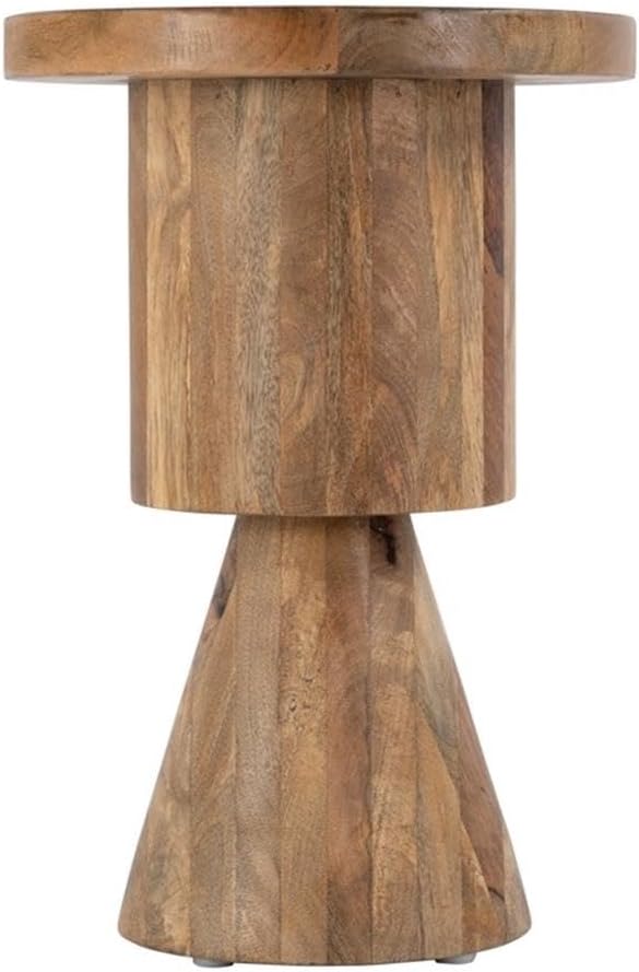 Beaumont Lane 15" Round Solid Mango Wood Side Table, Natural Brown Lacquer Finish, Hand-Carved Detailing, Pedestal Base, Fully Assembled Accent Table for Living Room, Bedroom, or Hallway