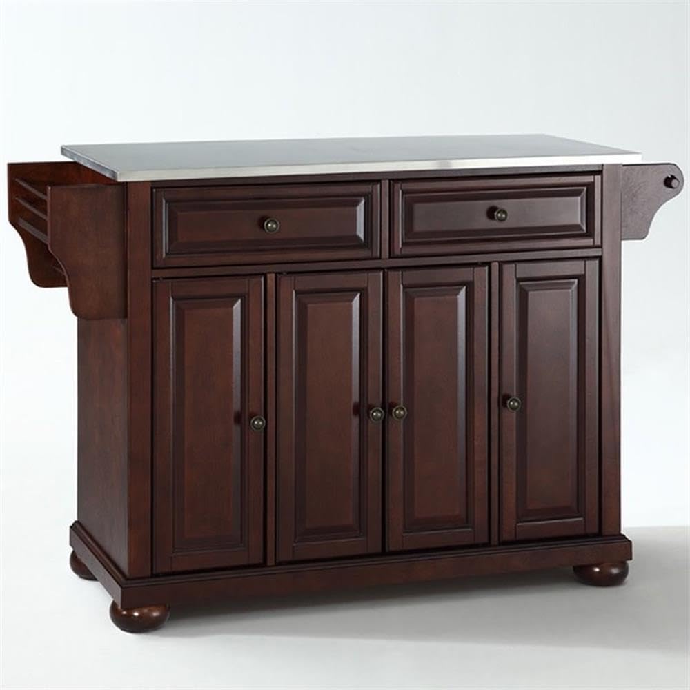 BOWERY HILL Wood Kitchen Island with Stainless Steel Top in Mahogany