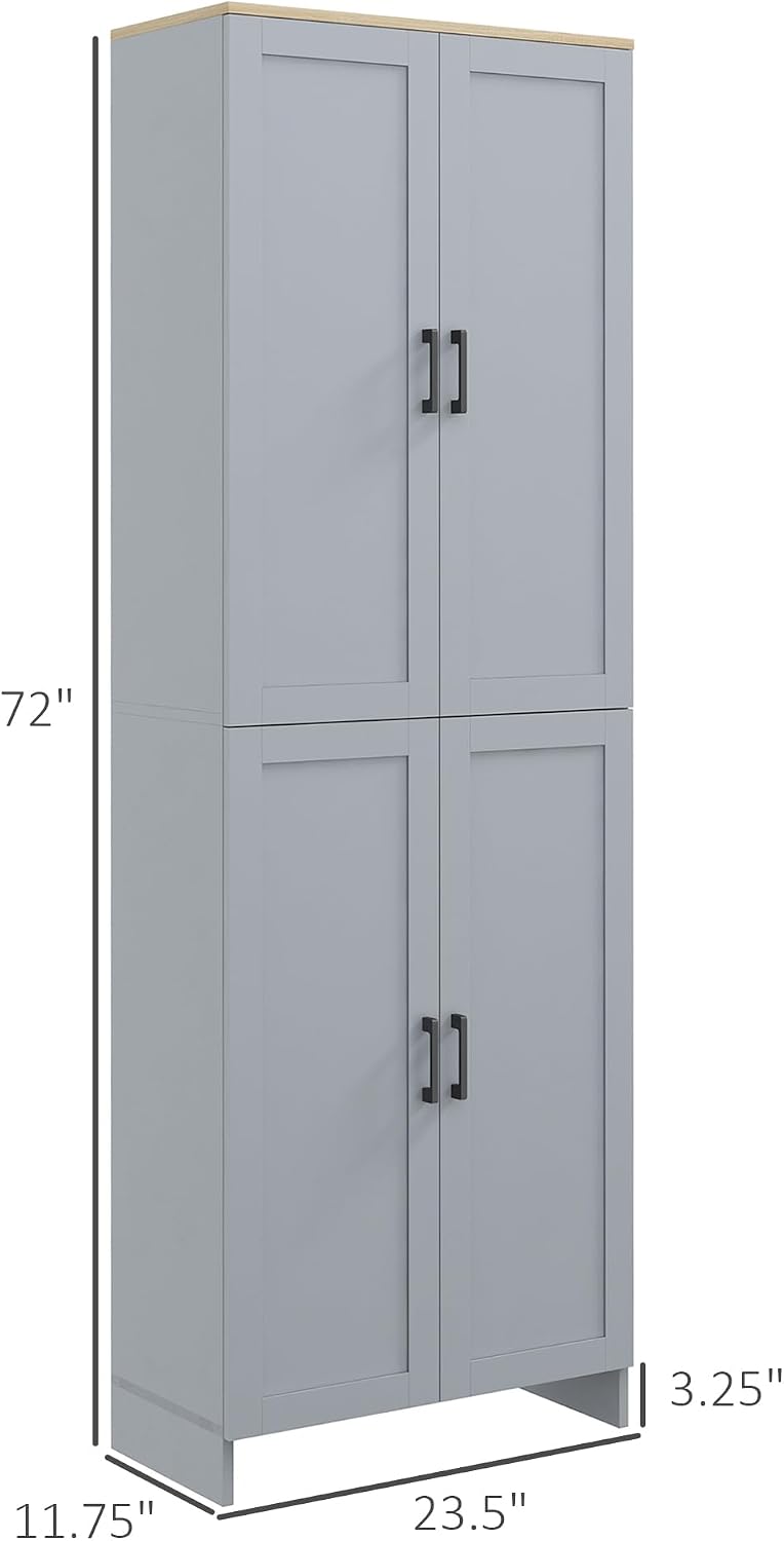 72" Freestanding Kitchen Pantry, 4-Door Storage Cabinet Organizer with Adjustable Shelves, Kitchen Cabinet with Doors and Shelves, Gray