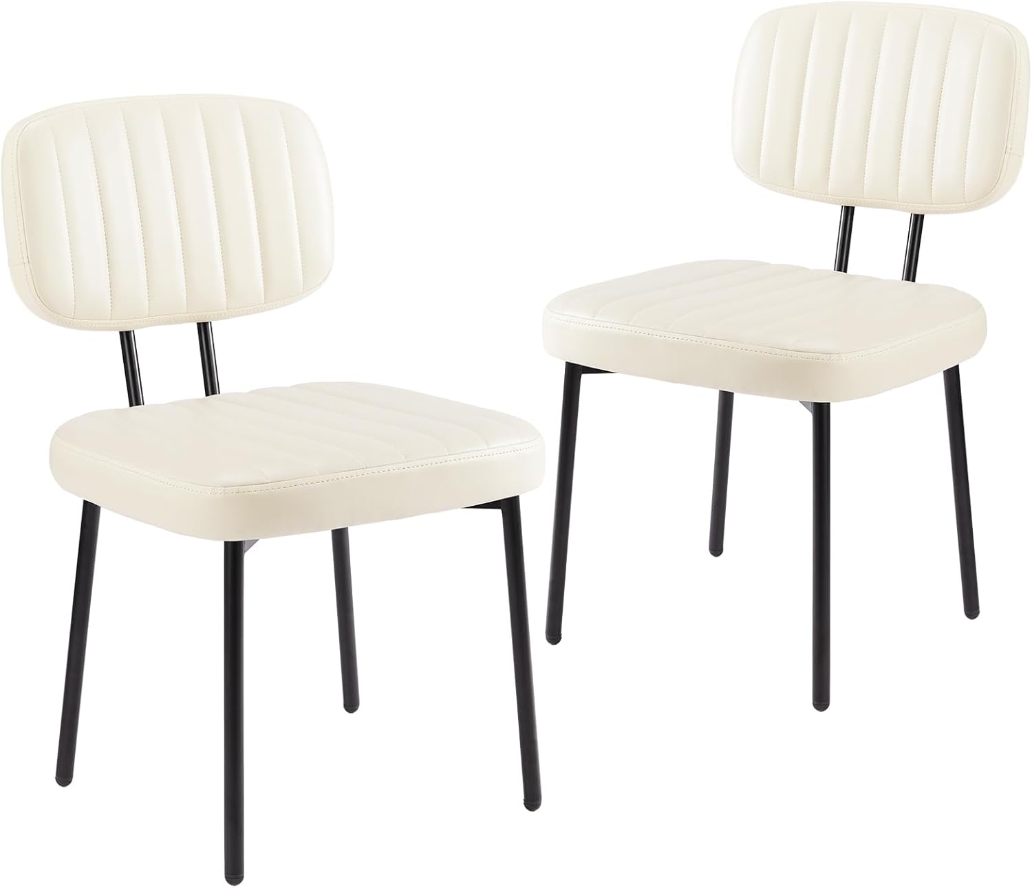 Sweetcrispy Dining Chairs Set of 2, Upholstered Mid Century Modern Kitchen Accent Chairs with Faux Leather Cushion Seat & Metal Legs for Home Office, Living Room-Beige White