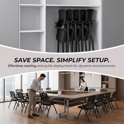 Heavy Duty Folding Office Chair with Breathable Mesh Back - Comfortable Padded Seat & Sturdy Frame for Conference Room, Training,Meeting,Classroom - Stackable Black Guest Reception Chair with Armrests
