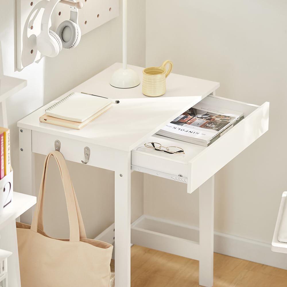 Haotian Small Desk with Drawers, Mini Writing Table, Vanity Table Computer Workstation Children Teenagers Desk with Hooks, White FWT43-W