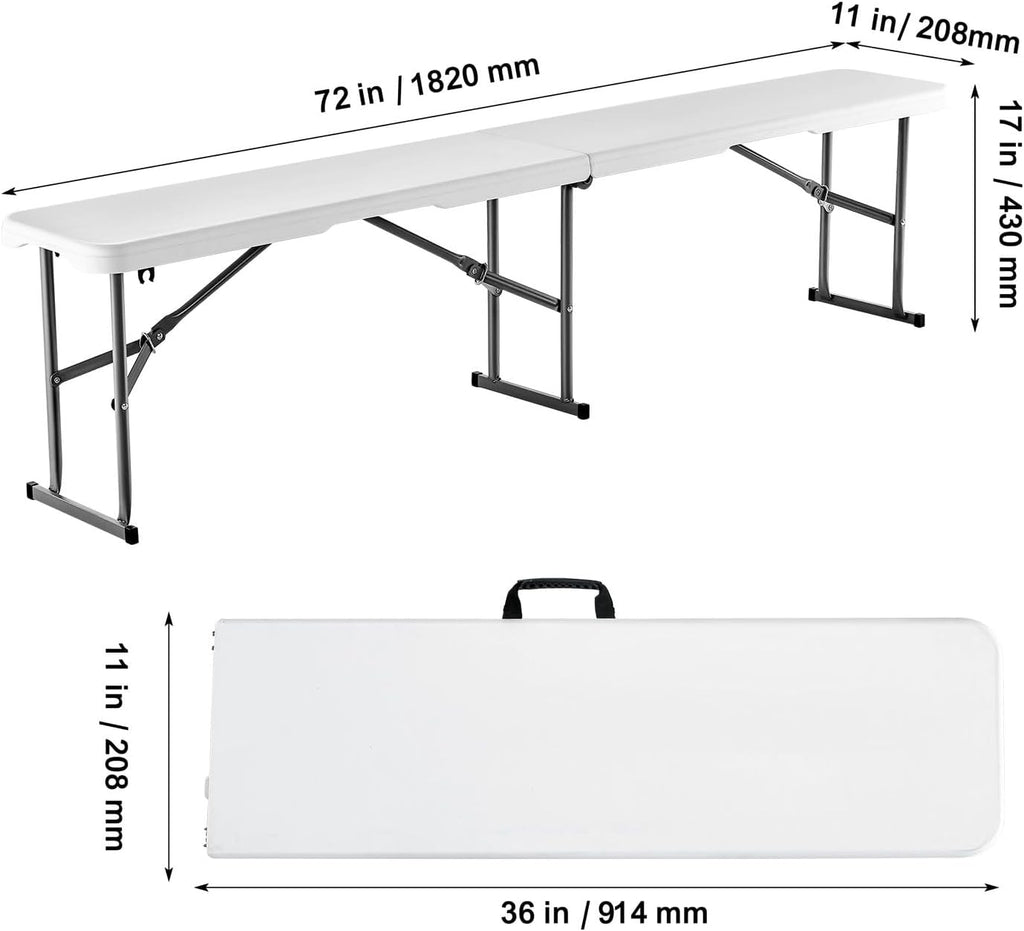 2-Pack 6FT 4cm Thick HDPE Folding Benches for Indoor/Outdoor, Picnic, Party, Camping Events, Smooth White