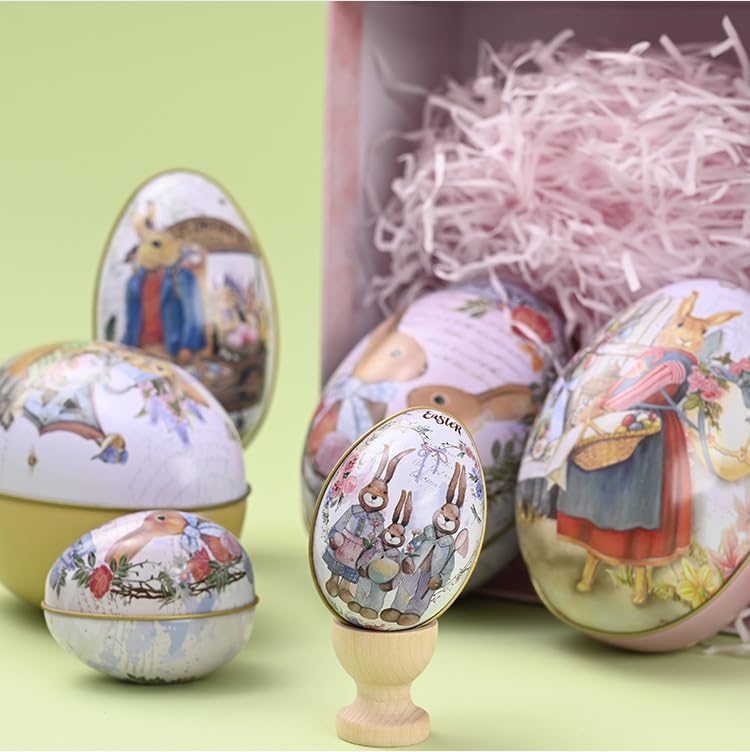 Large Easter Egg Shaped Tin - 4.9" Vintage Bunny Metal Treat Box, Oversized Decorative Candy Container for Holiday Gifts & Egg Hunt