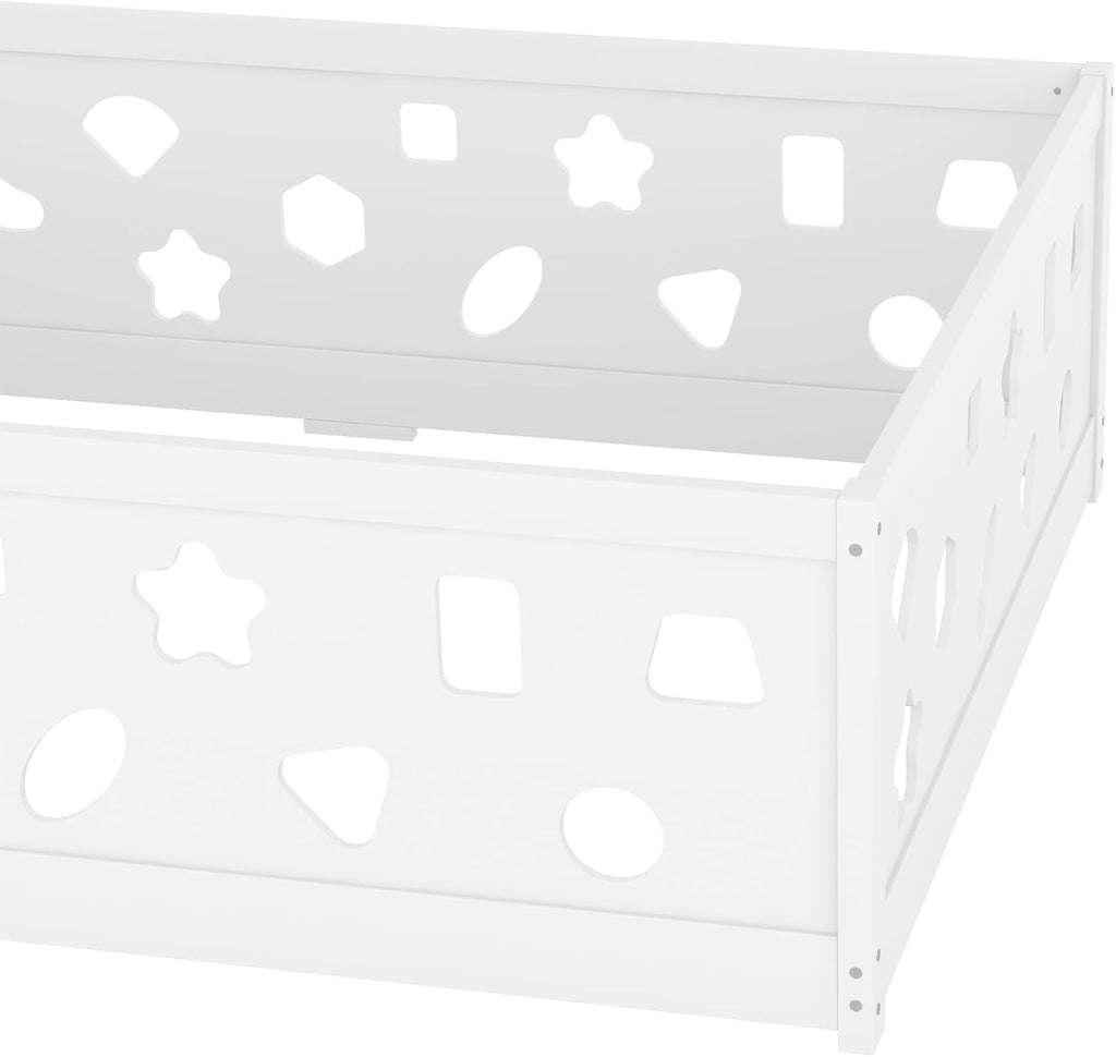 Full Size Floor Bed with Heightened Safety Guardrails and Door, Solid Wood Bede with Rails for Girls, Boys, Teens, Child Bedroom, Playroom, No Slats Included, White BS981