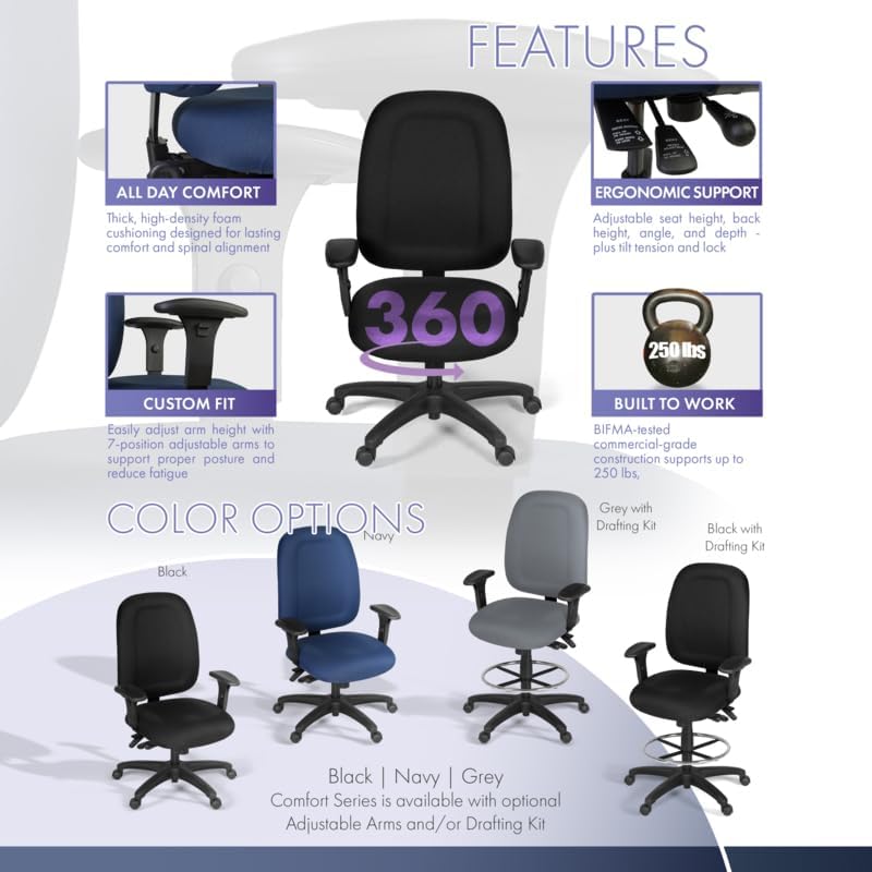 Romig Comfort Series High-Back Multifunctional Fabric Computer Task Chair with Adjustable Arms - Black