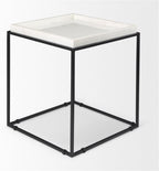 Pemberly Row Square White Marble and Black Metal End Table, 18 in x 18 in x 20 in, Raised Edges, Matte Black Base, Elegant Side Table for Living Room or Bedroom Decor