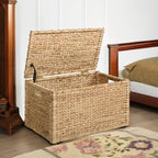 eHemco Water Hyacinth Wicker Storage Trunk with Metal Frame, Decorative Blanket Chest & Storage Box, Farmhouse Woven Storage for Bedroom, Living Room & Entryway, Natural, 30 x 17.5 x 17.5 Inch