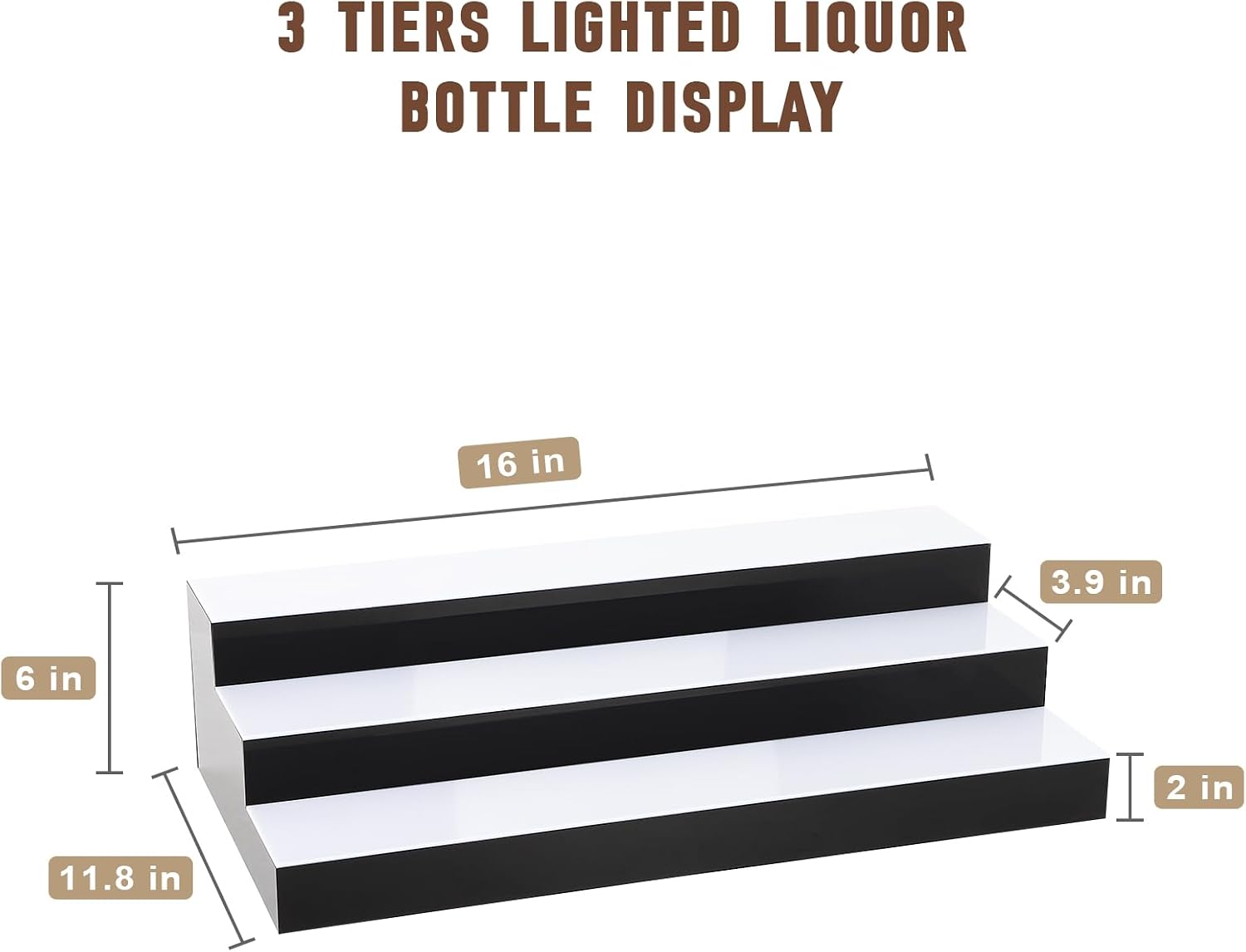 Dollate 3 Tier 16 Inch LED Lighted Liquor Bottle Display, LED Tabletop Wine Shelves Adjustable Lighting & Colors Liquor Storage Rack for Home Bar