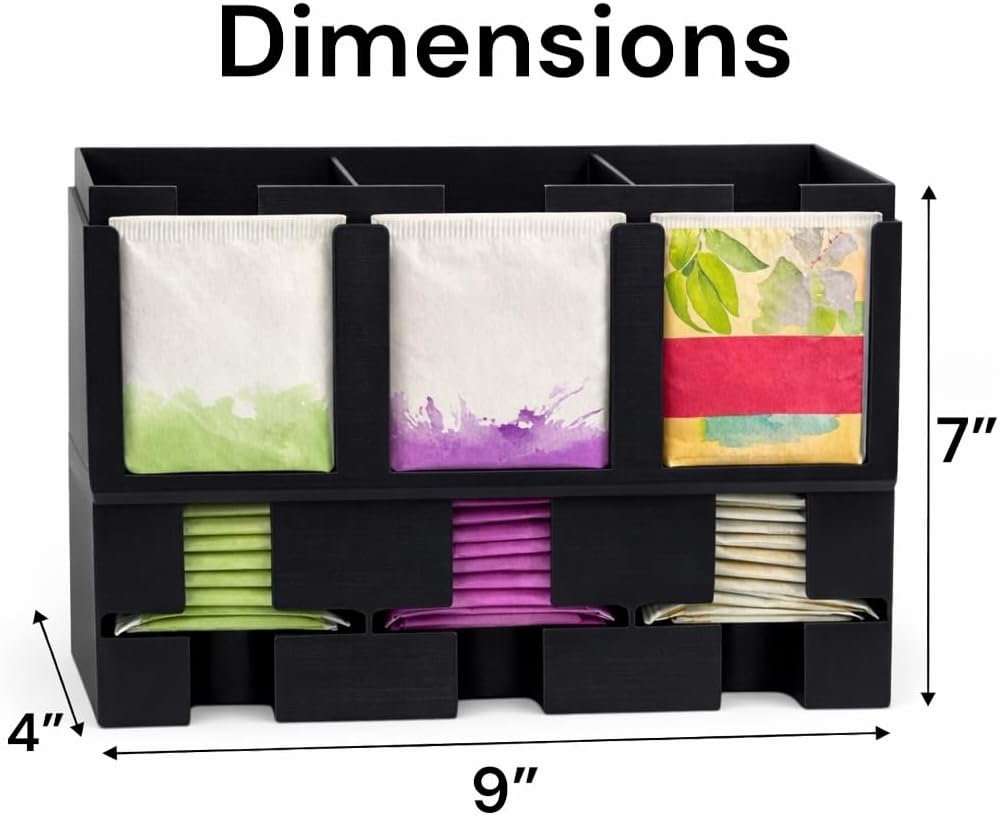 Tea Bag Organizer – 3 Compartment Tea Bag Holder & Dispenser, Holds 90+ Tea Bags, Tea Storage Organizer for Countertop, Cabinet, Coffee Bar or Kitchen - Made In The USA