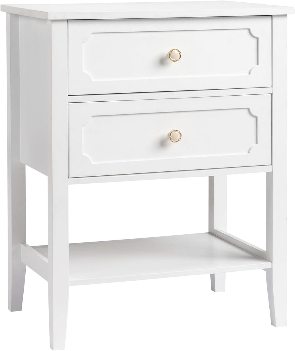 Wood Nightstand with 2 Drawers and Shelf, White End Table for Bedroom Living Room, Solid Wood & MDF Bedside Table