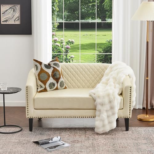50" Faux Leather Small Barrel Love Seats Set of 2, Diamond Tufted Back Compact Loveseats Sofas with Nailhead Trim, Modern 2-Seater Couches with Solid Wood Legs for Small Spaces, Apartments, Cream